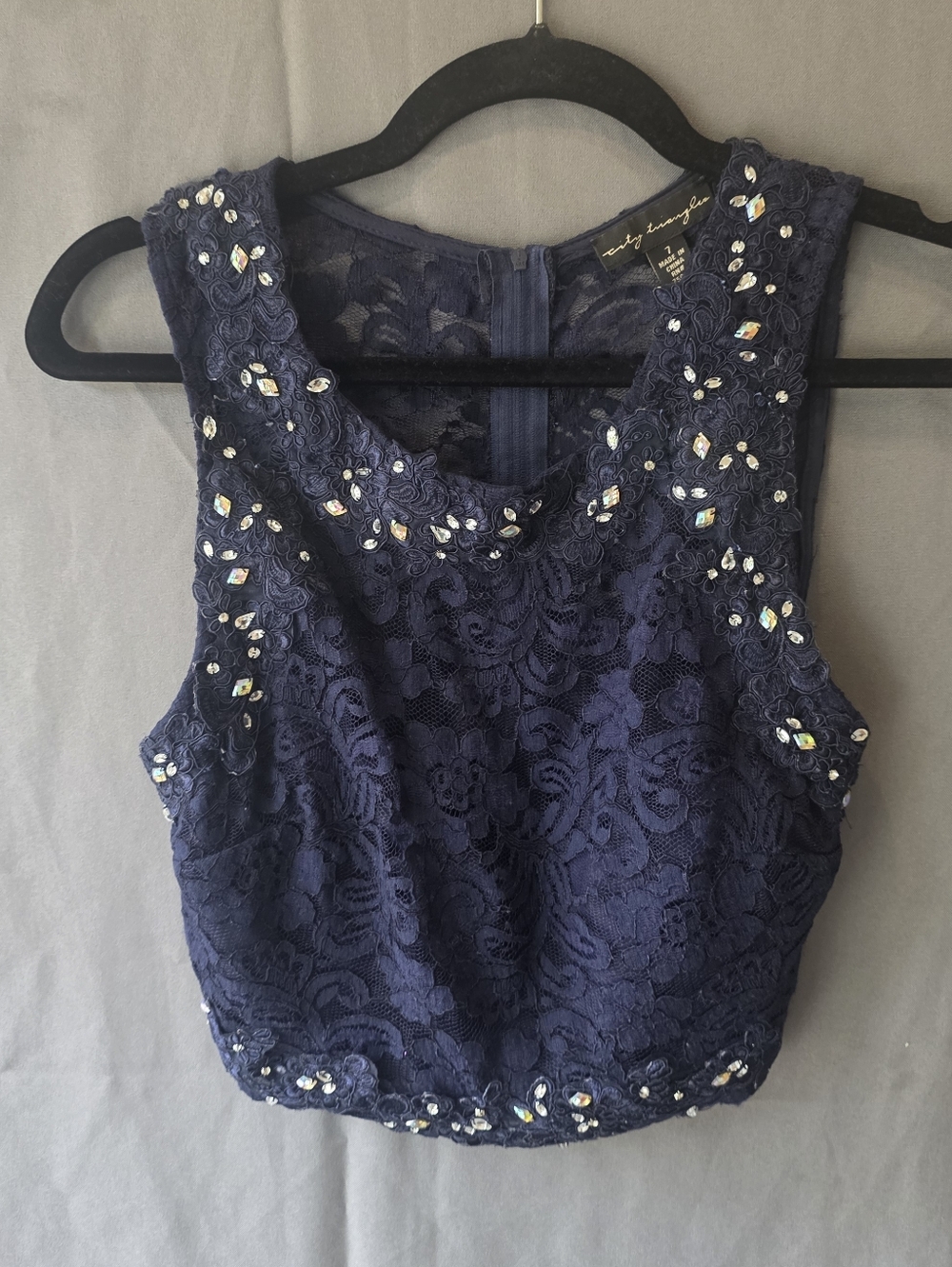 Source Unknown Navy Lace Beaded Cropped Tank